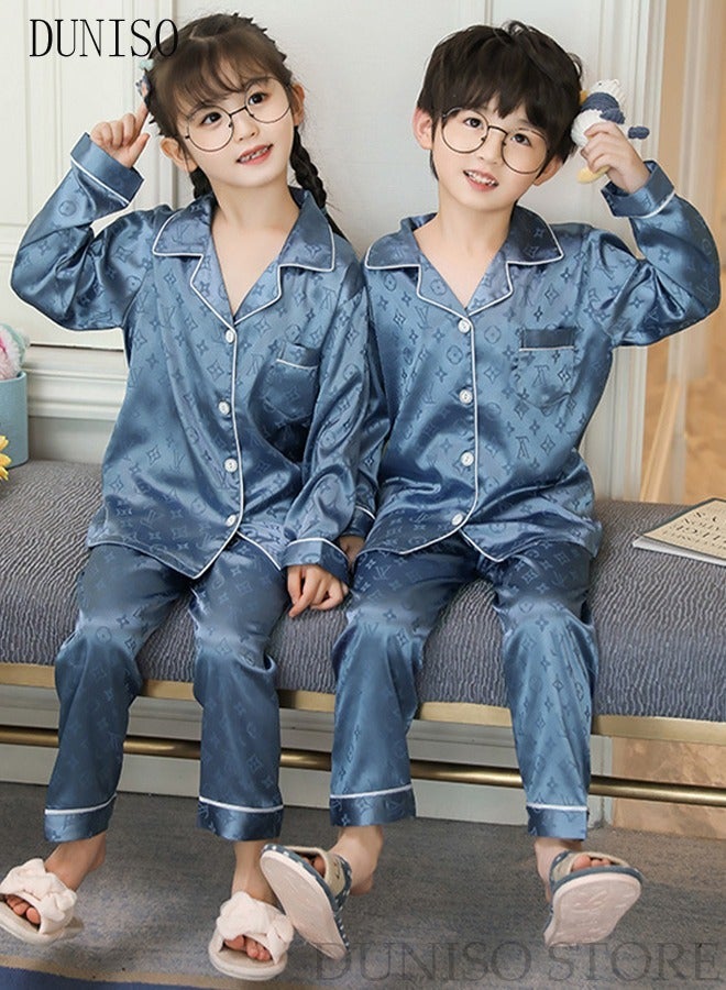 DUNISO 2 PCS kids Soft Pajamas Set Long Sleeve Silky Sleepwear Loungewear Button-Down Night Suit Home Wear Set for Summer Soft Loose Prints Nightwear for Girls and Boys - Image 2