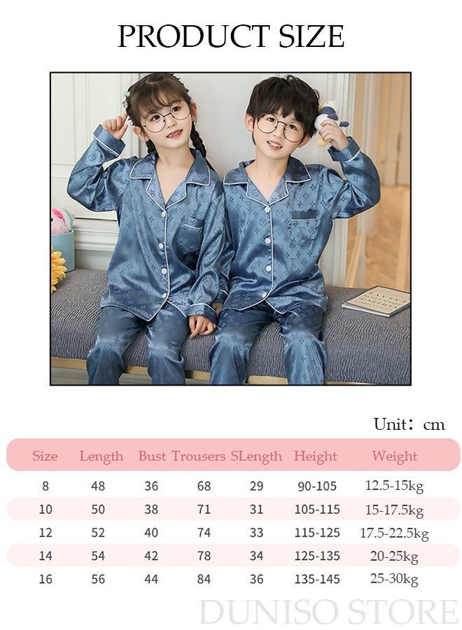 DUNISO 2 PCS kids Soft Pajamas Set Long Sleeve Silky Sleepwear Loungewear Button-Down Night Suit Home Wear Set for Summer Soft Loose Prints Nightwear for Girls and Boys - Image 4