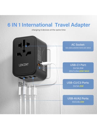 محول السفر العالمي LENCENT، شاحن GaN III 65W الدولي مع منفذي USB و3 محول شحن سريع USB-C PD، شاحن حائط عالمي من النوع A/C/G/I (الولايات المتحدة الأمريكية/المملكة المتحدة/الاتحاد الأوروبي/أستراليا) - view 2