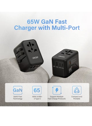 محول السفر العالمي LENCENT، شاحن GaN III 65W الدولي مع منفذي USB و3 محول شحن سريع USB-C PD، شاحن حائط عالمي من النوع A/C/G/I (الولايات المتحدة الأمريكية/المملكة المتحدة/الاتحاد الأوروبي/أستراليا) - view 4