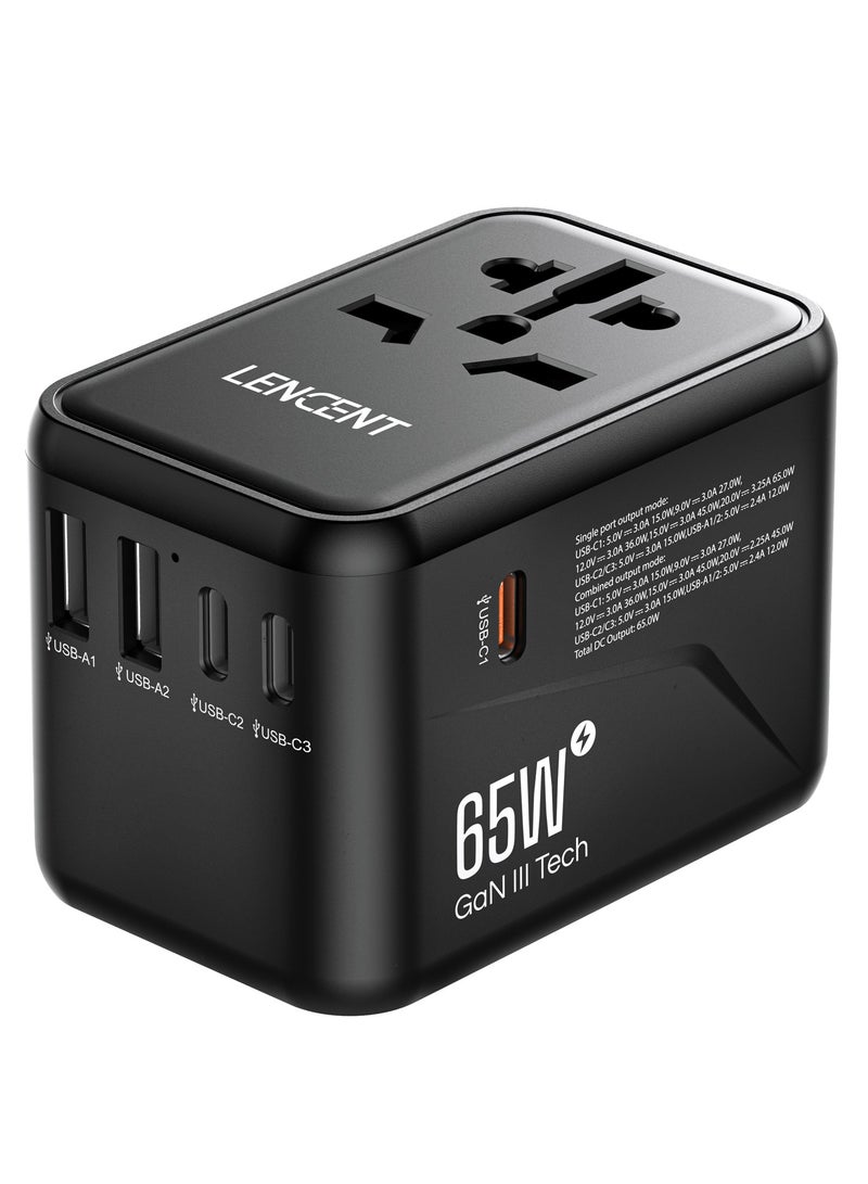 Lencent Universal Travel Adapter, GaN III 65W International Charger with 2 USB Ports & 3 USB-C PD Fast Charging Adaptor, Worldwide Wall Charger for iPhone,Galaxy,Laptops, Type A/C/G/I (USA/UK/EU/AUS) - Image 1