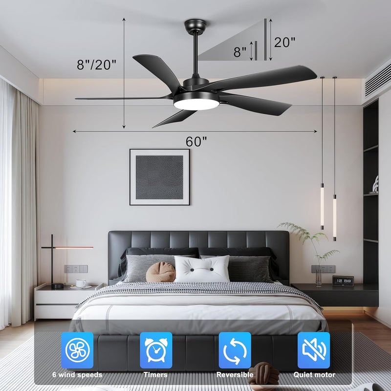 Ohniyou 60’’ Ceiling Fan with Lights and Remote - Black Modern Ceiling Fan with 6 Speeds, 3CCT, Silent DC Motor, Reversible, Large Indoor Outdoor Ceiling Fans for Patio Bedroom Living Room - Image 3