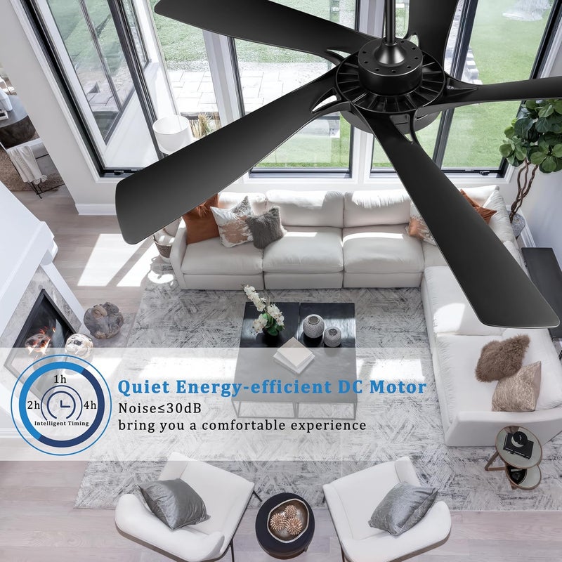 Ohniyou 60’’ Ceiling Fan with Lights and Remote - Black Modern Ceiling Fan with 6 Speeds, 3CCT, Silent DC Motor, Reversible, Large Indoor Outdoor Ceiling Fans for Patio Bedroom Living Room - Image 2