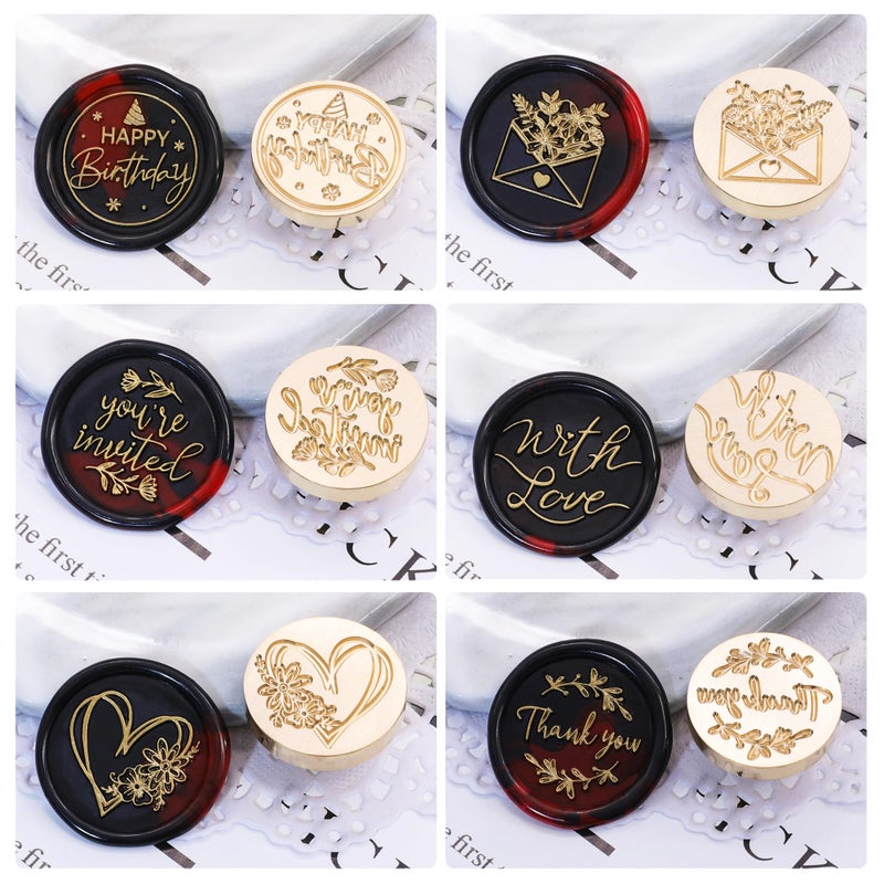 SWANGSA Blessing Wax Seal Stamp Gift Box Set, Vintage 6 Sealing Stamp Heads + 1 Wooden Hilt, Wax Stamp Kit for Party Invitations, Envelops, Cards and Gift Packaging (Phrases Kit) - Image 2