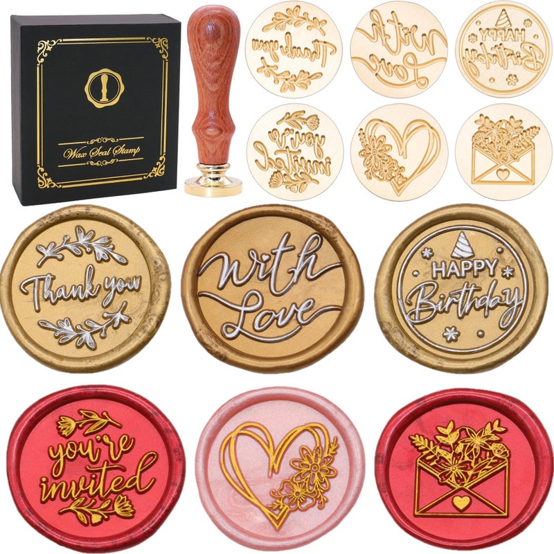 SWANGSA Blessing Wax Seal Stamp Gift Box Set, Vintage 6 Sealing Stamp Heads + 1 Wooden Hilt, Wax Stamp Kit for Party Invitations, Envelops, Cards and Gift Packaging (Phrases Kit) - Image 1