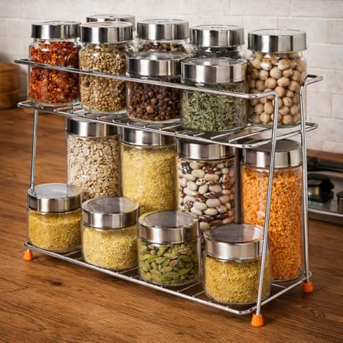 CHHAAP Stainless Steel 2 Layer Spice Rack | Modular Kitchen Storage Organizer | Multipurpose Shelf for Countertop, Tabletop | Tiered Silver Rack (Pack of 1) (NHSP) - Image 1