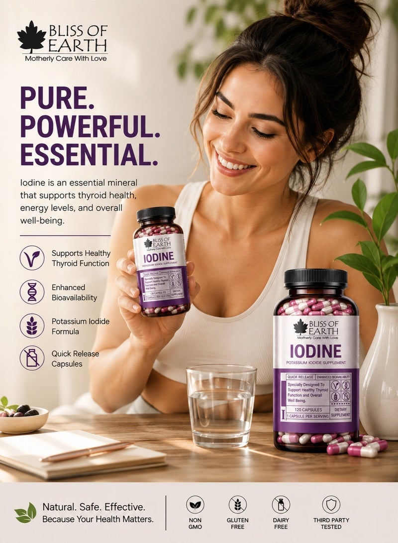 Bliss of Earth Iodine Capsules pack of 2×120 Count, Potassium Iodide Dietary Supplement for Thyroid Support, Healthy Metabolism, Daily Wellness, Easy Swallow Capsules for Women & Men - Image 2
