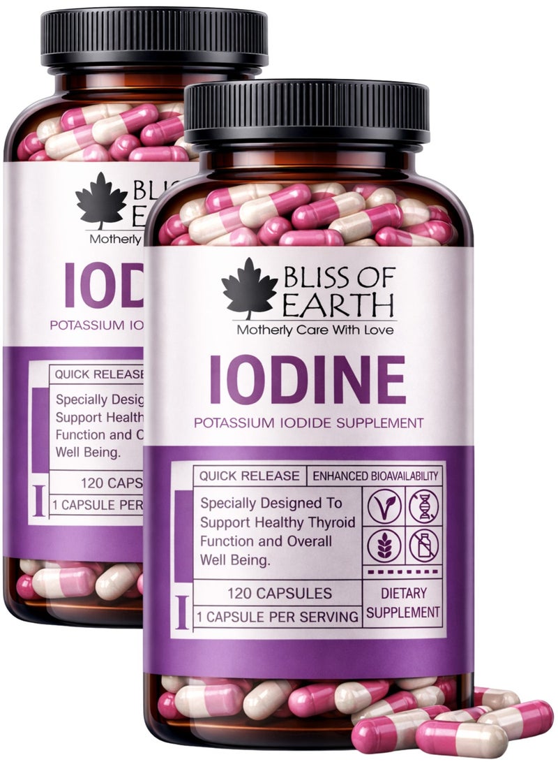 Bliss of Earth Iodine Capsules pack of 2×120 Count, Potassium Iodide Dietary Supplement for Thyroid Support, Healthy Metabolism, Daily Wellness, Easy Swallow Capsules for Women & Men - Image 1