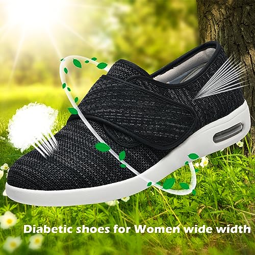 EDCYF Women's Diabetic Shoes with Adjustable Closure,Non-Slip Wide Width Lightweight Shoes for Edema Plantar Fasciitis Bunions Arthritis Swollen Feet Black-Gray - Image 2