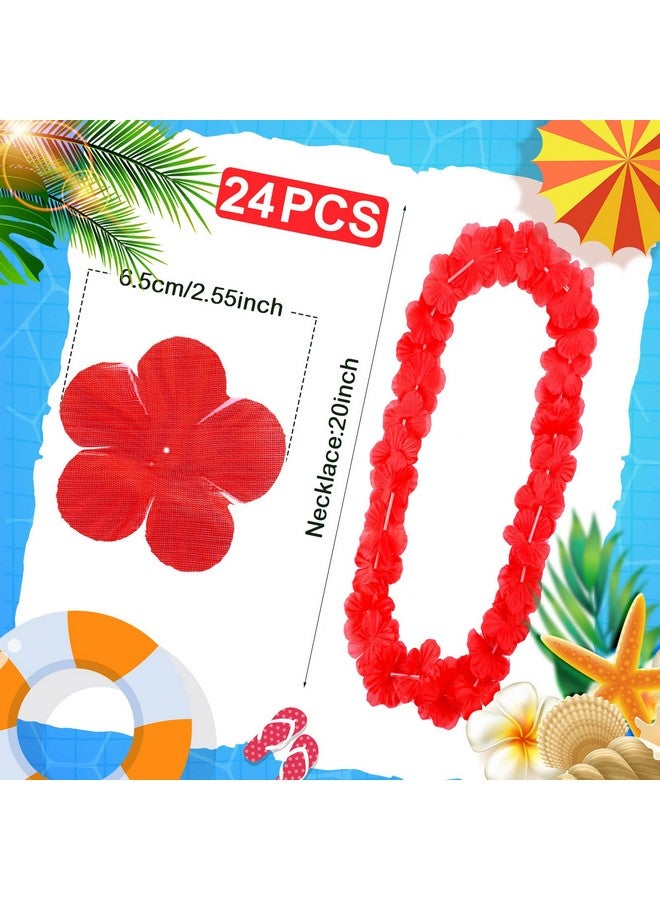 Hoteam 24 Counts Hawaiian Leis Necklace Tropical Flower Lei Floral Luau Party Decorations Hawaiian Flower Necklace Luau Necklaces Hula Dance Garland Headbands For Beach Birthday Wedding Party (Red)  - Image 3