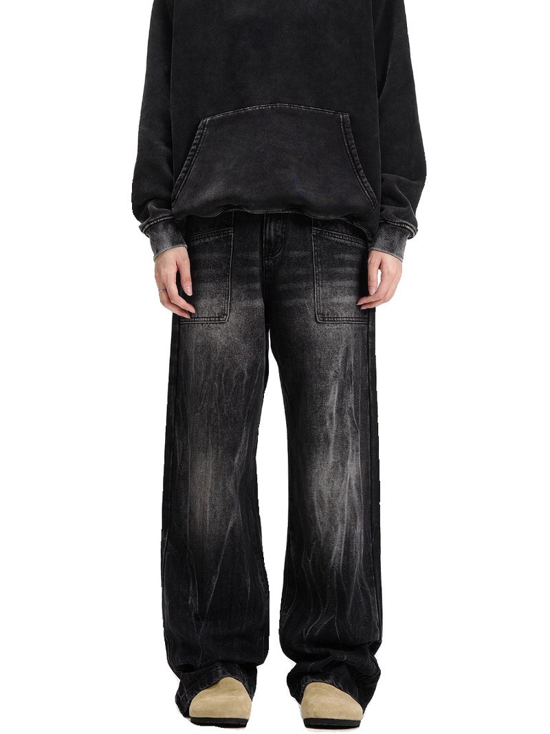 Vintage Black Washed Straight Tube Distressed Jeans Men'S And Women'S Loose High Street Vibe Street Design Sense Trendy Pants - Image 1