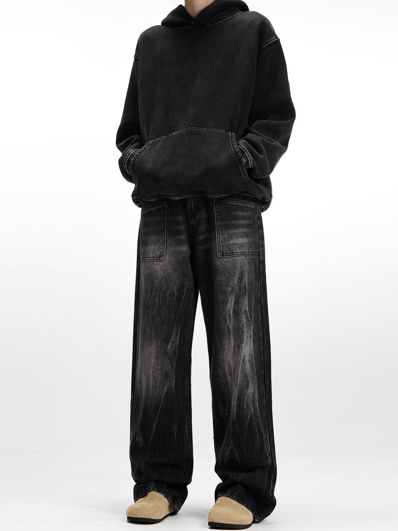 Vintage Black Washed Straight Tube Distressed Jeans Men'S And Women'S Loose High Street Vibe Street Design Sense Trendy Pants - Image 5