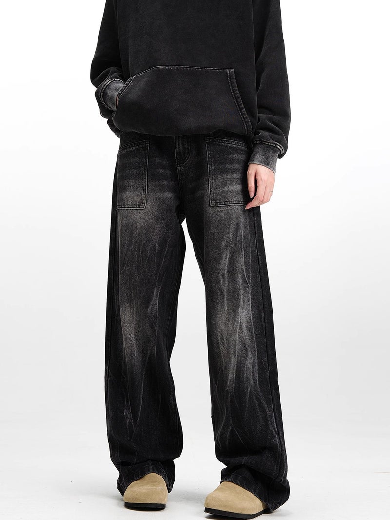 Vintage Black Washed Straight Tube Distressed Jeans Men'S And Women'S Loose High Street Vibe Street Design Sense Trendy Pants - Image 4