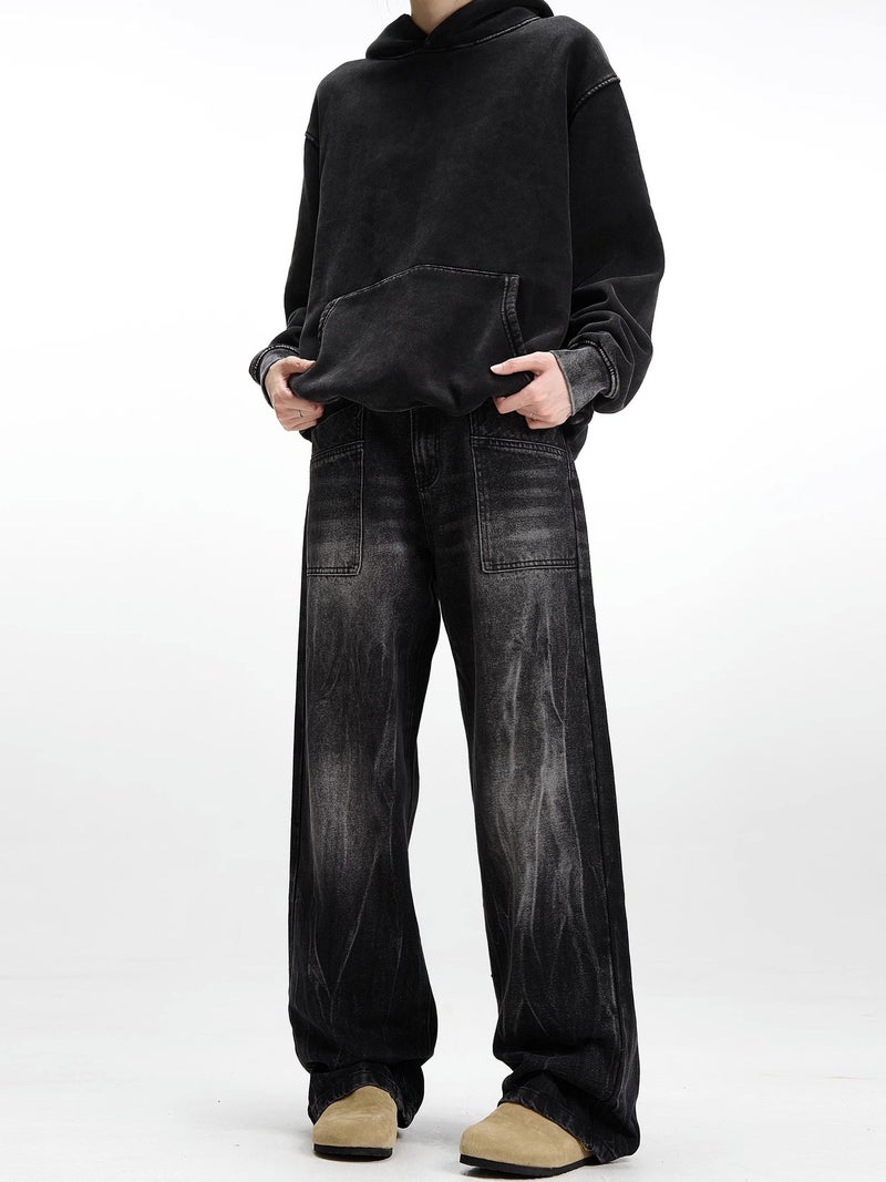 Vintage Black Washed Straight Tube Distressed Jeans Men'S And Women'S Loose High Street Vibe Street Design Sense Trendy Pants - Image 3