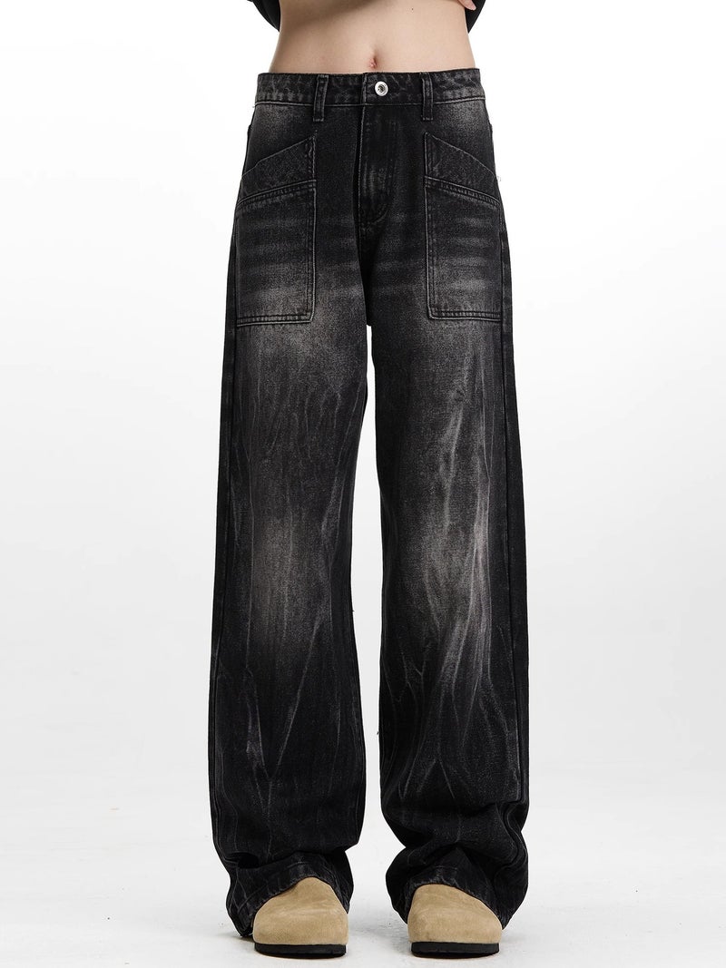 Vintage Black Washed Straight Tube Distressed Jeans Men'S And Women'S Loose High Street Vibe Street Design Sense Trendy Pants - Image 2