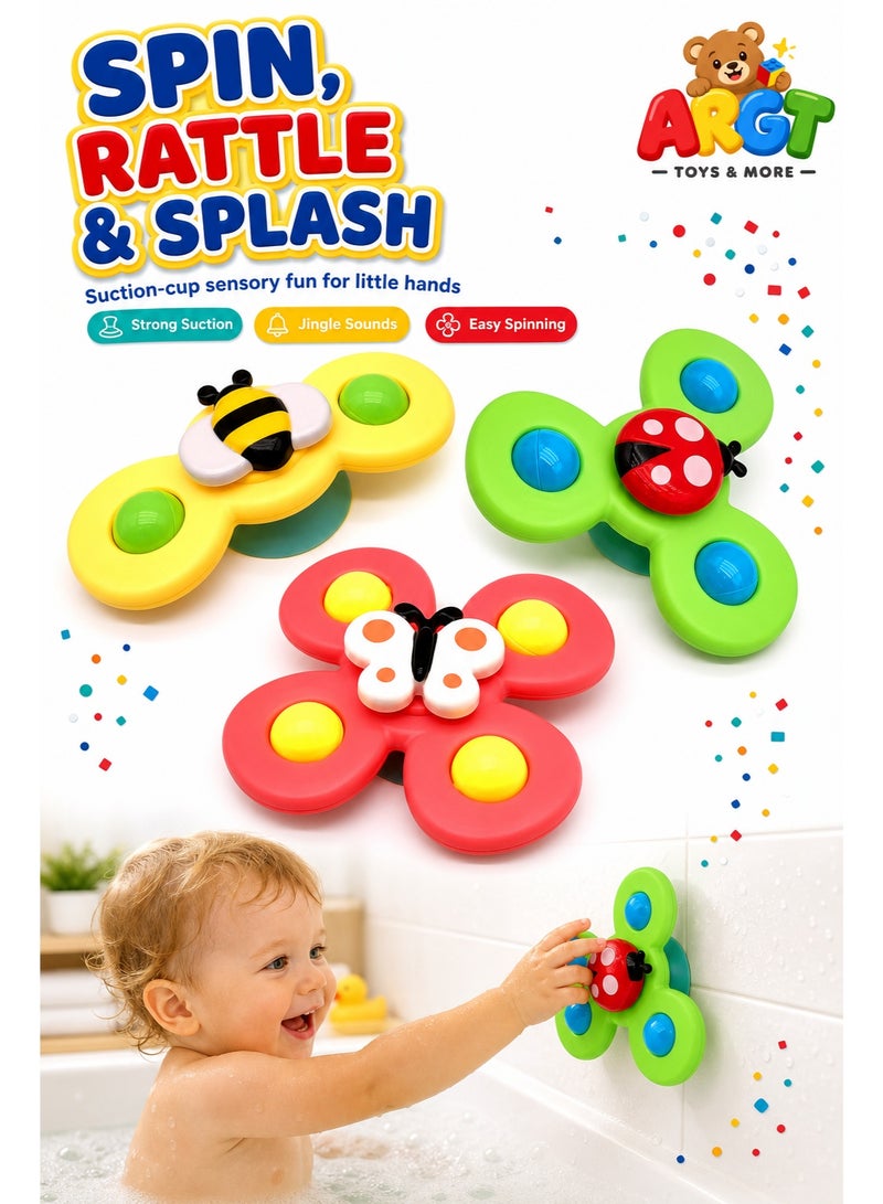 ARGT 3-Pack Baby Bath Spinning Toys with Suction Cups, Animal Spinner & Jingle Balls, Sensory Development Toys for Bathtub, High Chair, Window & Travel, Multicolor - Image 1