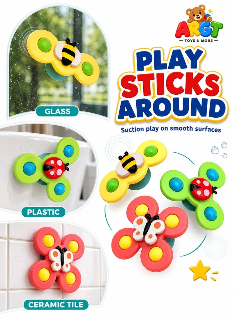 ARGT 3-Pack Baby Bath Spinning Toys with Suction Cups, Animal Spinner & Jingle Balls, Sensory Development Toys for Bathtub, High Chair, Window & Travel, Multicolor - Image 3