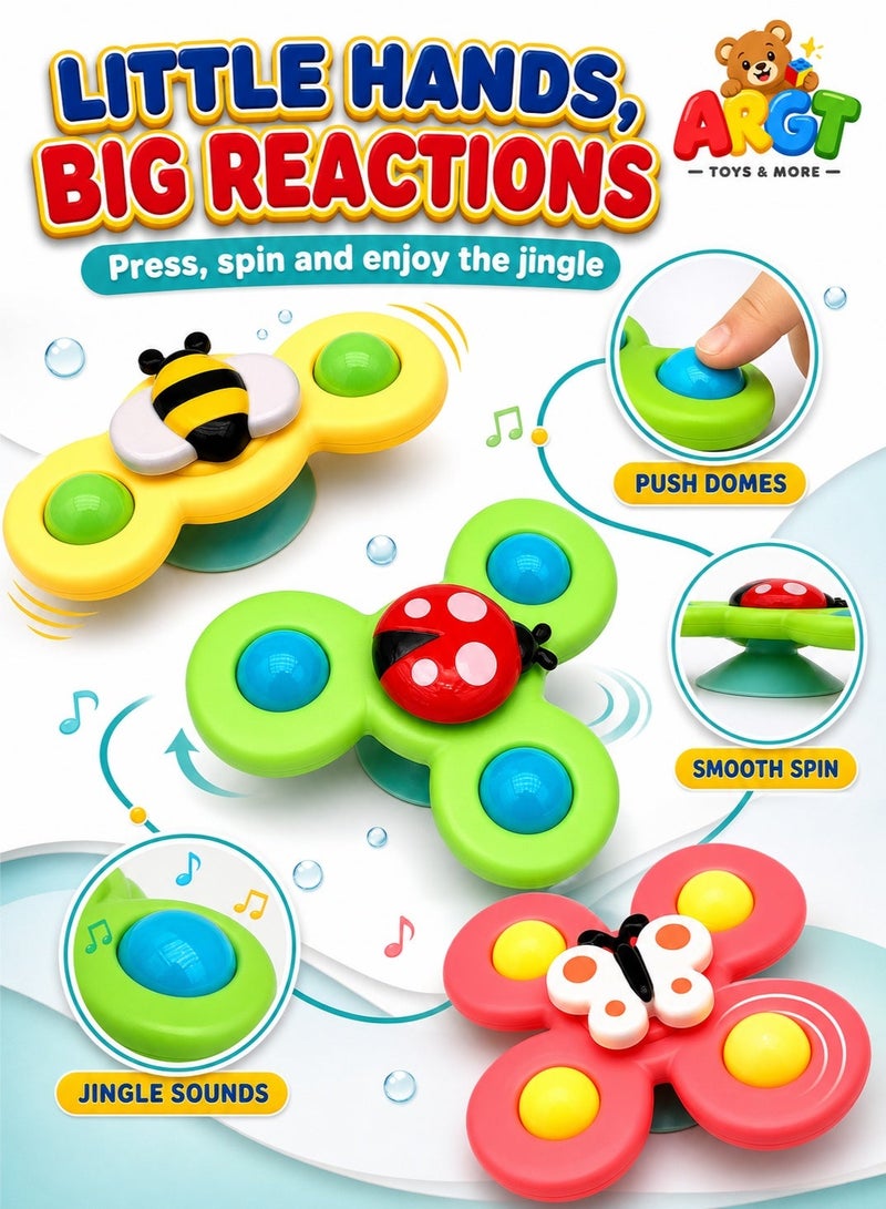 ARGT 3-Pack Baby Bath Spinning Toys with Suction Cups, Animal Spinner & Jingle Balls, Sensory Development Toys for Bathtub, High Chair, Window & Travel, Multicolor - Image 5