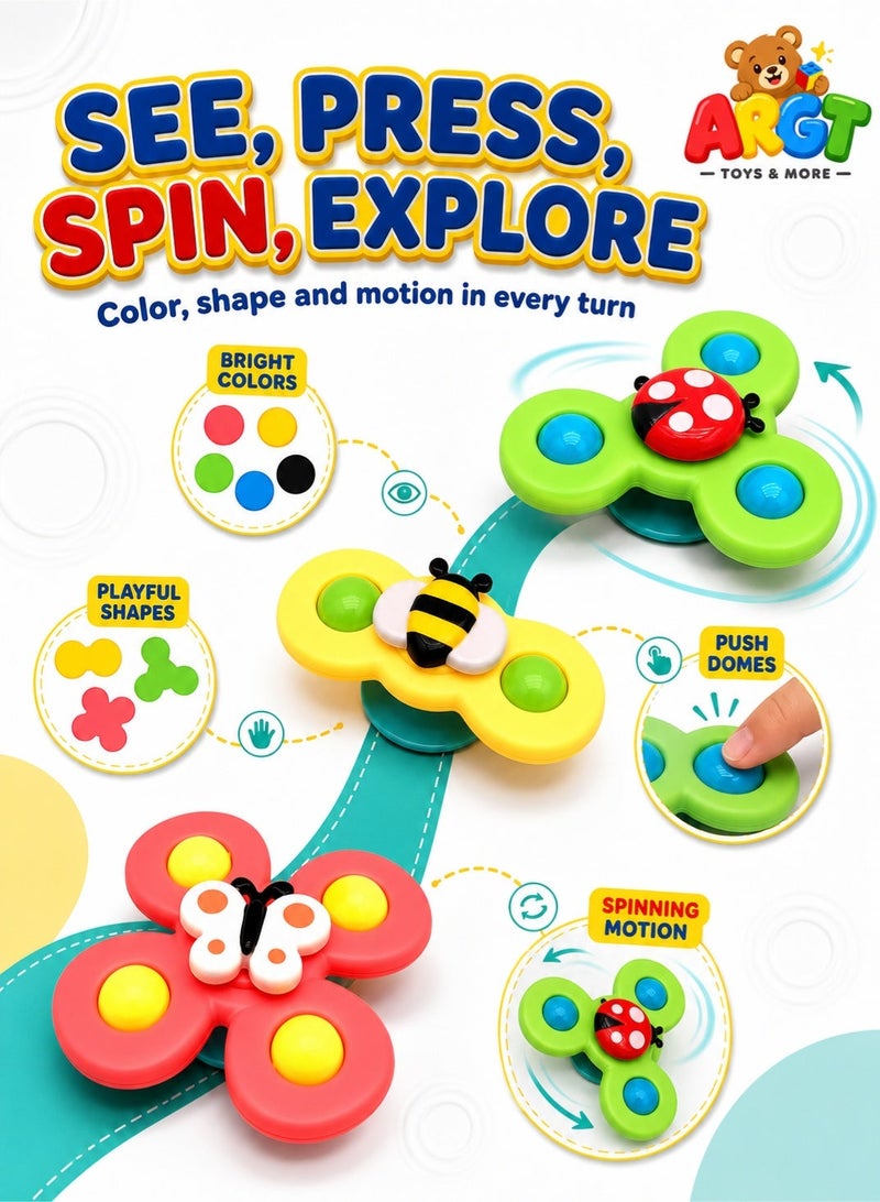 ARGT 3-Pack Baby Bath Spinning Toys with Suction Cups, Animal Spinner & Jingle Balls, Sensory Development Toys for Bathtub, High Chair, Window & Travel, Multicolor - Image 2