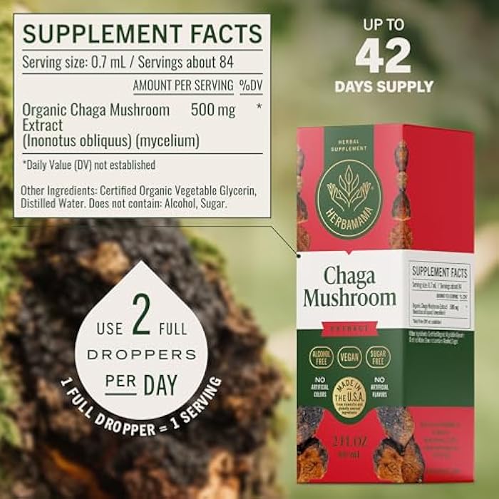 HERBAMAMA Chaga Mushroom Tincture - Vegan Immune Support & Defense with Chaga Mushroom Extract Drops - Non-GMO, Alcohol & Sugar-Free Liquid Immunity Supplement, 42-Day Supply - Image 3