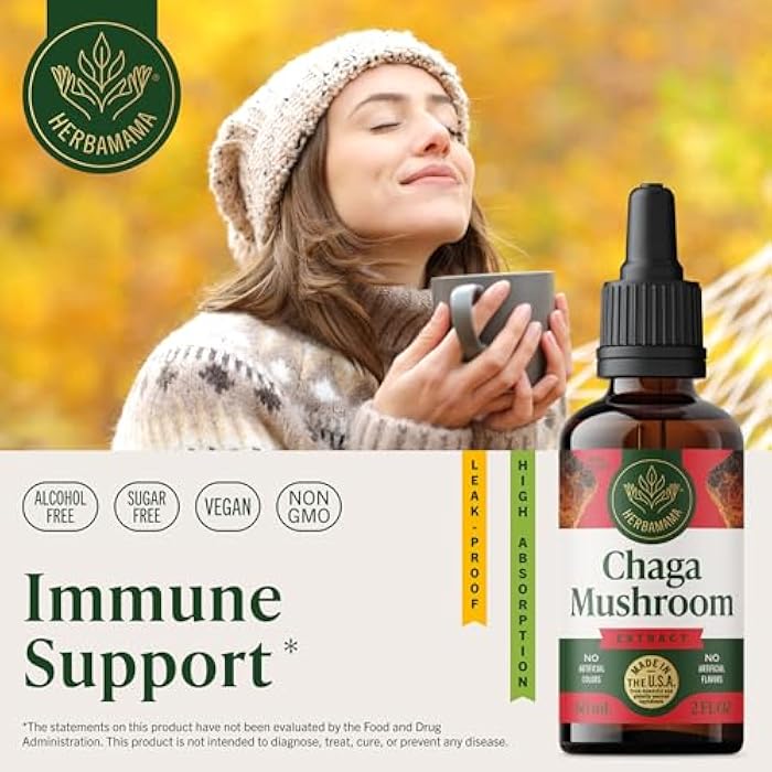 HERBAMAMA Chaga Mushroom Tincture - Vegan Immune Support & Defense with Chaga Mushroom Extract Drops - Non-GMO, Alcohol & Sugar-Free Liquid Immunity Supplement, 42-Day Supply - Image 2