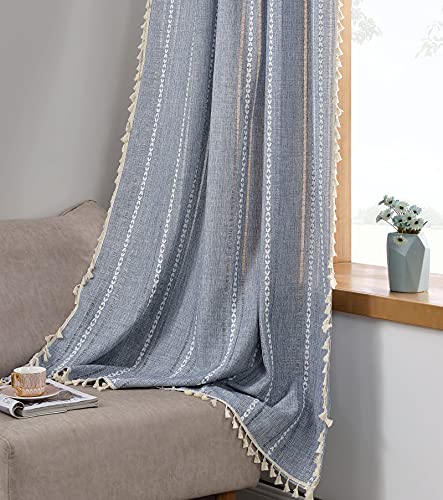 RoomTalks Boho Curtains for Bedroom Living Room 84 Inch Length Blue Country Farmhouse Cotton Polyester Window Curtain Panels Embroidery Striped Bohemian Tassel Draperies 84L x 52W Blue