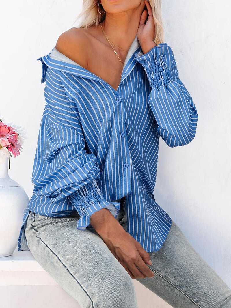 Gleeivy Oversized Striped Button Down Shirt for Women Puff Long Sleeve Boyfriend Blouse Casual V Neck Collar High Low Hem Tunic Dressy Business Fashion Y2K Trendy Work Spring Outfit Blue Striped Large - Image 4