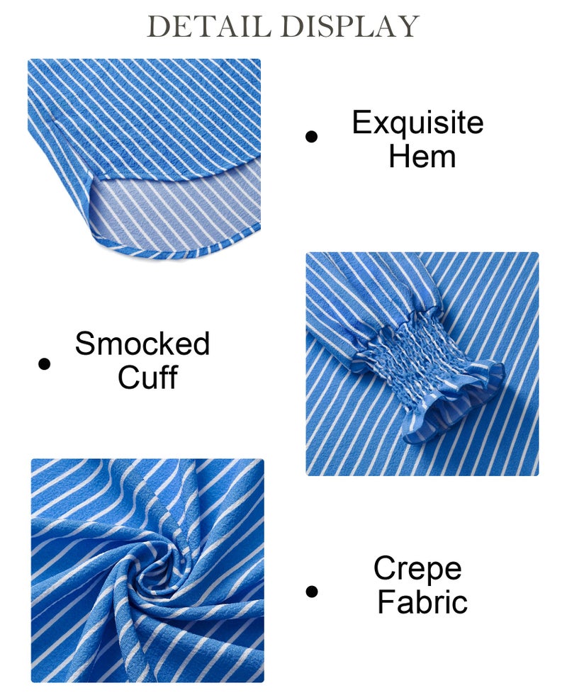 Gleeivy Oversized Striped Button Down Shirt for Women Puff Long Sleeve Boyfriend Blouse Casual V Neck Collar High Low Hem Tunic Dressy Business Fashion Y2K Trendy Work Spring Outfit Blue Striped Large - Image 5