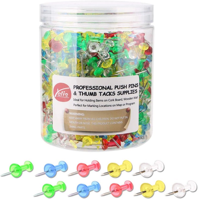 Yalis Push Pins 600 Count Clear Multicolored, Standard Thumb Tacks Steel Point and Clear Multi-Colors Plastic Head - Image 1