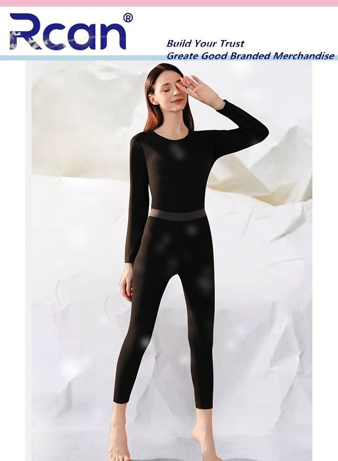 Rcan Women's Thermal Underwear Set Crew Neck Elasticity Long Sleeve Winter  Base Layer Bottom Shirt 2 Piece Slim Fit Fleece Lined Top and Pants  - Image 1