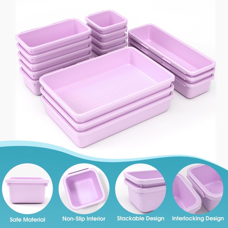 StoreHappily 16 PCS Drawer Organizer Set, 4 Size Makeup Drawer Divider Organizer With Non-Slip Pads, Interlocking Plastic Storage Bins for Office,Jewelry Vanity,Gadgets, Bathroom,Kitchen, Purple - Image 3