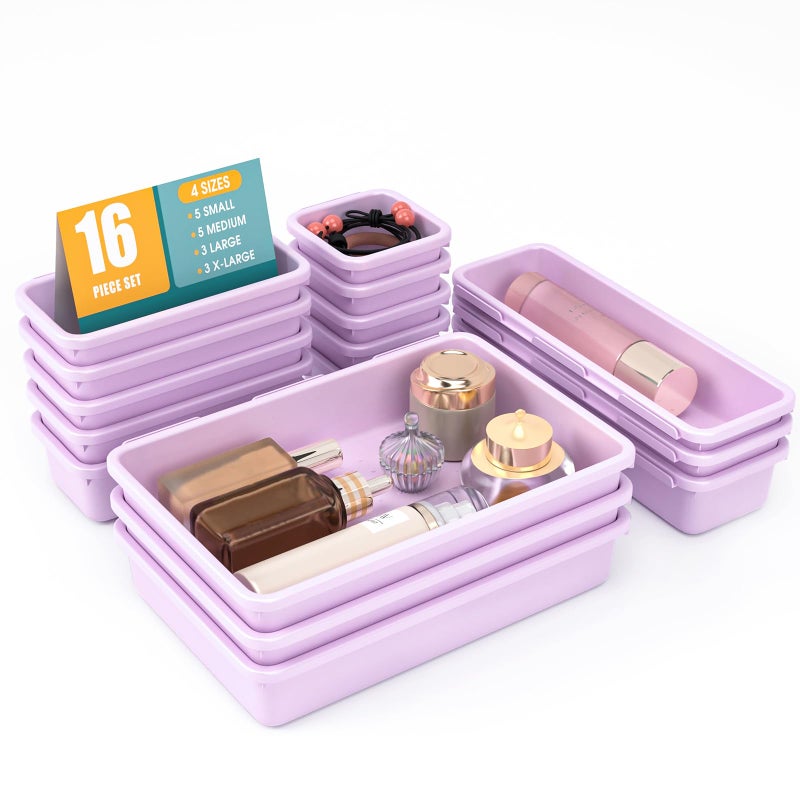 StoreHappily 16 PCS Drawer Organizer Set, 4 Size Makeup Drawer Divider Organizer With Non-Slip Pads, Interlocking Plastic Storage Bins for Office,Jewelry Vanity,Gadgets, Bathroom,Kitchen, Purple - Image 1