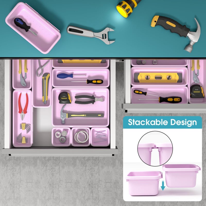 StoreHappily 16 PCS Drawer Organizer Set, 4 Size Makeup Drawer Divider Organizer With Non-Slip Pads, Interlocking Plastic Storage Bins for Office,Jewelry Vanity,Gadgets, Bathroom,Kitchen, Purple - Image 5