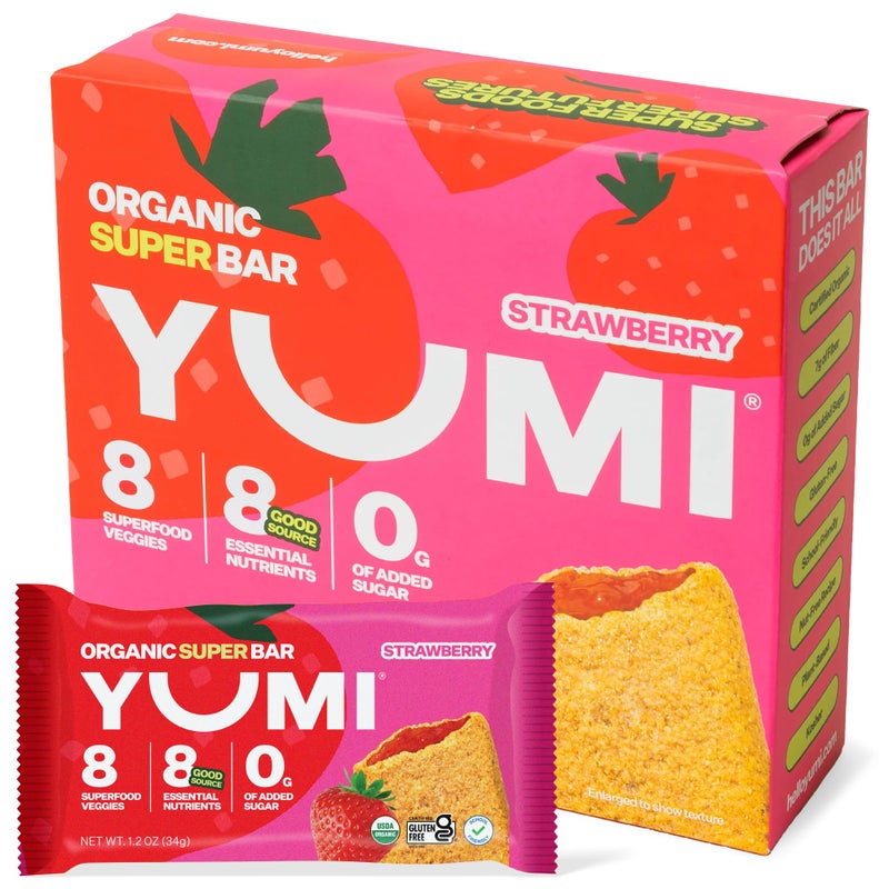 YUMI Organic Breakfast Superbar, Gluten-Free, No Added Sugar, 7+ Vegetables, Soft-Baked Crust, Healthy Snack Bars for Kids, School Safe, Healthy Alternative to Granola Bars or Cereal Bars, Strawberry (30ct) - Image 1