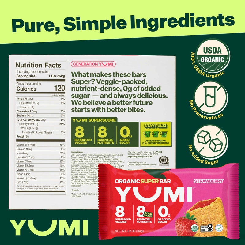 YUMI Organic Breakfast Superbar, Gluten-Free, No Added Sugar, 7+ Vegetables, Soft-Baked Crust, Healthy Snack Bars for Kids, School Safe, Healthy Alternative to Granola Bars or Cereal Bars, Strawberry (30ct) - Image 4