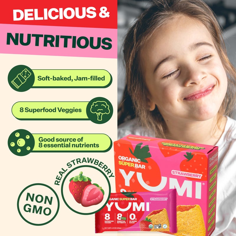YUMI Organic Breakfast Superbar, Gluten-Free, No Added Sugar, 7+ Vegetables, Soft-Baked Crust, Healthy Snack Bars for Kids, School Safe, Healthy Alternative to Granola Bars or Cereal Bars, Strawberry (30ct) - Image 3