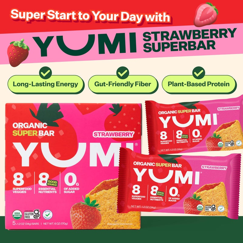 YUMI Organic Breakfast Superbar, Gluten-Free, No Added Sugar, 7+ Vegetables, Soft-Baked Crust, Healthy Snack Bars for Kids, School Safe, Healthy Alternative to Granola Bars or Cereal Bars, Strawberry (30ct) - Image 2