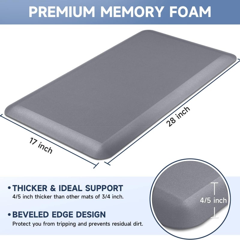 StepRite 4/5 Inch Thick Kitchen Mat Anti Fatigue Mat Kitchen Rugs Kitchen Decor Non-Slip, Stain & Water Resistant, Kitchen Mats Desk Mat for Kitchen, Office, Workshop, Grey, 17'' x 28'' - Image 2