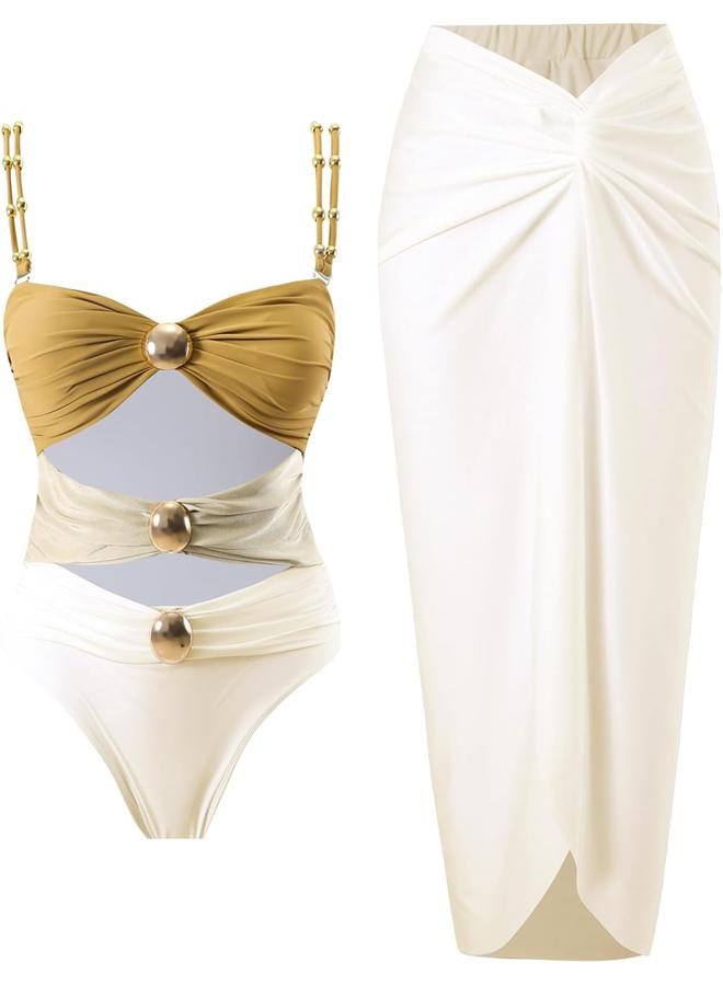 Y&D Women's One Piece Swimsuit with Cover up Set Beach Wrap Skirt Retro Bikini Set Two Piece Bathing Suit with Cover up - Image 1