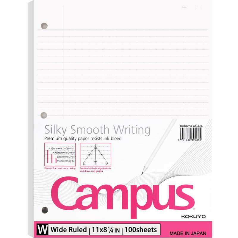 Kokuyo Filler Papers, 8-1/4"x11â€, Wide Ruled 3 Hole Punched Loose Leaf Paper, 100 Sheets Bleed Resistance Notebook Paper, Japanese Smooth Lined Paper for 3 Ring Binders School Supplies, Japan Import - Image 1