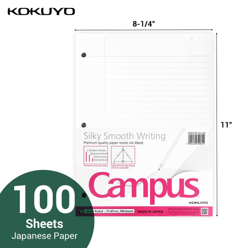 Kokuyo Filler Papers, 8-1/4"x11â€, Wide Ruled 3 Hole Punched Loose Leaf Paper, 100 Sheets Bleed Resistance Notebook Paper, Japanese Smooth Lined Paper for 3 Ring Binders School Supplies, Japan Import - Image 2