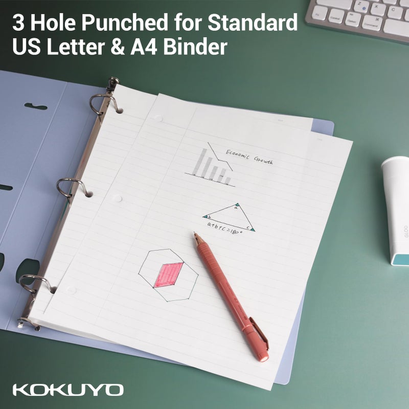 Kokuyo Filler Papers, 8-1/4"x11â€, Wide Ruled 3 Hole Punched Loose Leaf Paper, 100 Sheets Bleed Resistance Notebook Paper, Japanese Smooth Lined Paper for 3 Ring Binders School Supplies, Japan Import - Image 5