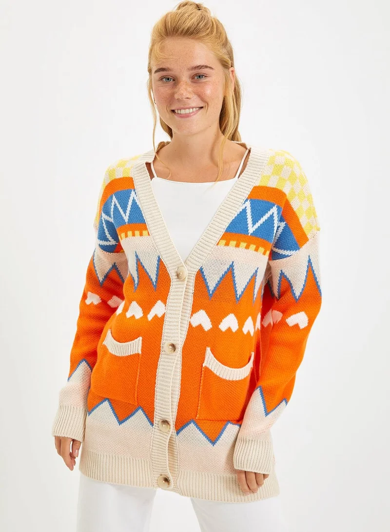 trendyol Pocket Detail Printed Cardigan