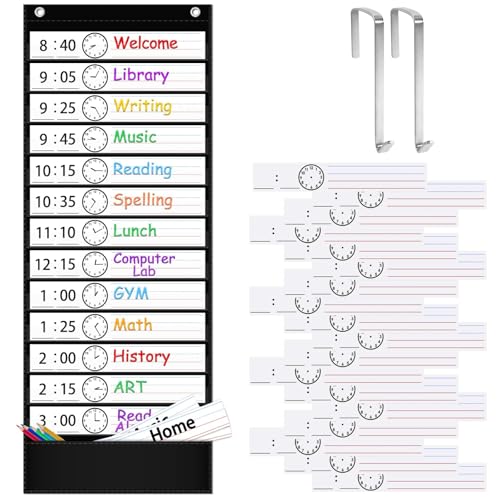 ZKOO Daily Schedule Pocket Chart, School Smart Pocket Chart with 18 Blank Double-Sided Reusable Cards, Teaching Scheduling Pocket Charts for Classroom 13+1 Pocket (Black) - Image 1