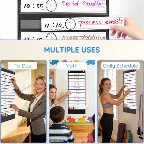 ZKOO Daily Schedule Pocket Chart, School Smart Pocket Chart with 18 Blank Double-Sided Reusable Cards, Teaching Scheduling Pocket Charts for Classroom 13+1 Pocket (Black) - Image 2