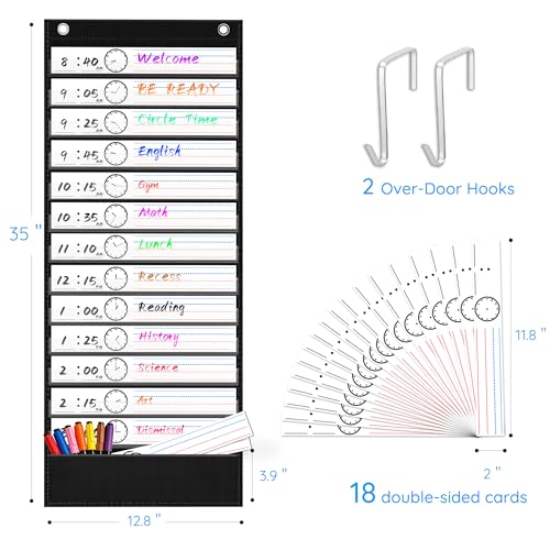 ZKOO Daily Schedule Pocket Chart, School Smart Pocket Chart with 18 Blank Double-Sided Reusable Cards, Teaching Scheduling Pocket Charts for Classroom 13+1 Pocket (Black) - Image 3