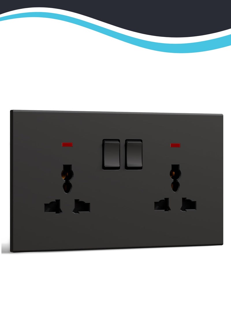 Double Socket, Electrical Double Switched Universal Power Plug Wall Socket with LED Indicator, PC Wall Plate Outlet, Black - Image 1