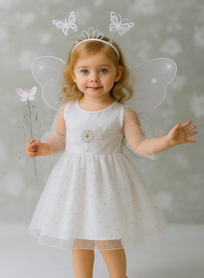 Krystle Kids Butterfly Fairy Dress Costume with Wings, Wand & Headband - Party Outfit for Girls (White,5-6 Years) - Image 2