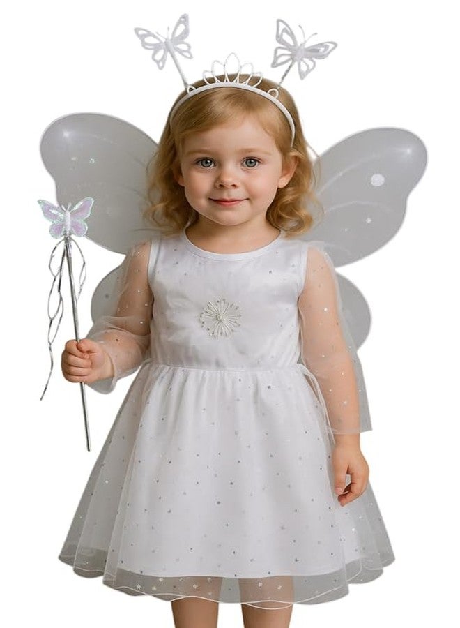 Krystle Kids Butterfly Fairy Dress Costume with Wings, Wand & Headband - Party Outfit for Girls (White,5-6 Years) - Image 1