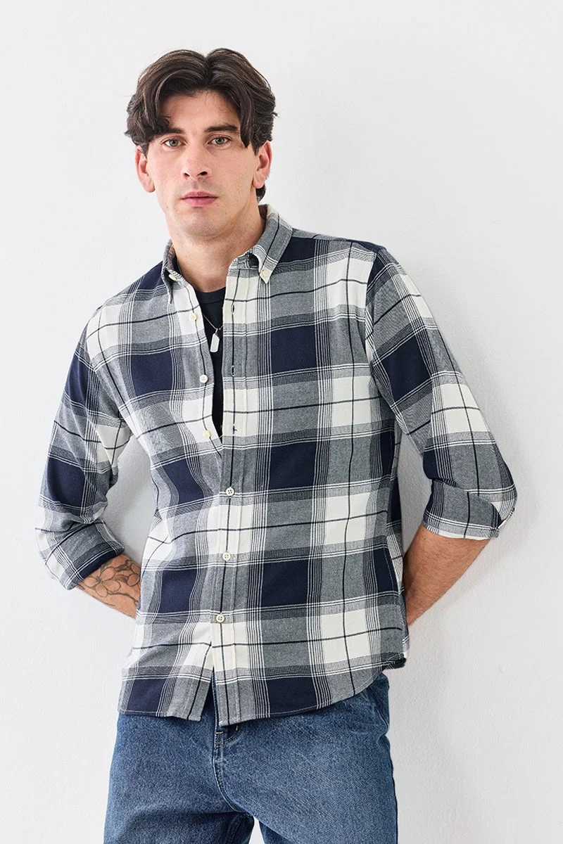 سنيتش Navy Checkered Long Sleeve Slim Fit Shirt